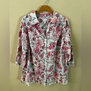 Charter Club Pink and White Floral Button-Down Eyelet Blouse 3/4 Sleeve